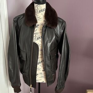 New Unisex Navy cockpit Brown Leather Jacket with Fur Collar